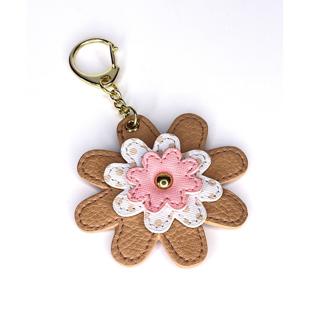 VTG FLOWER KEYCHAIN 5" Key Ring Gold Clip for Handbag Fob Simulated Leather Pink